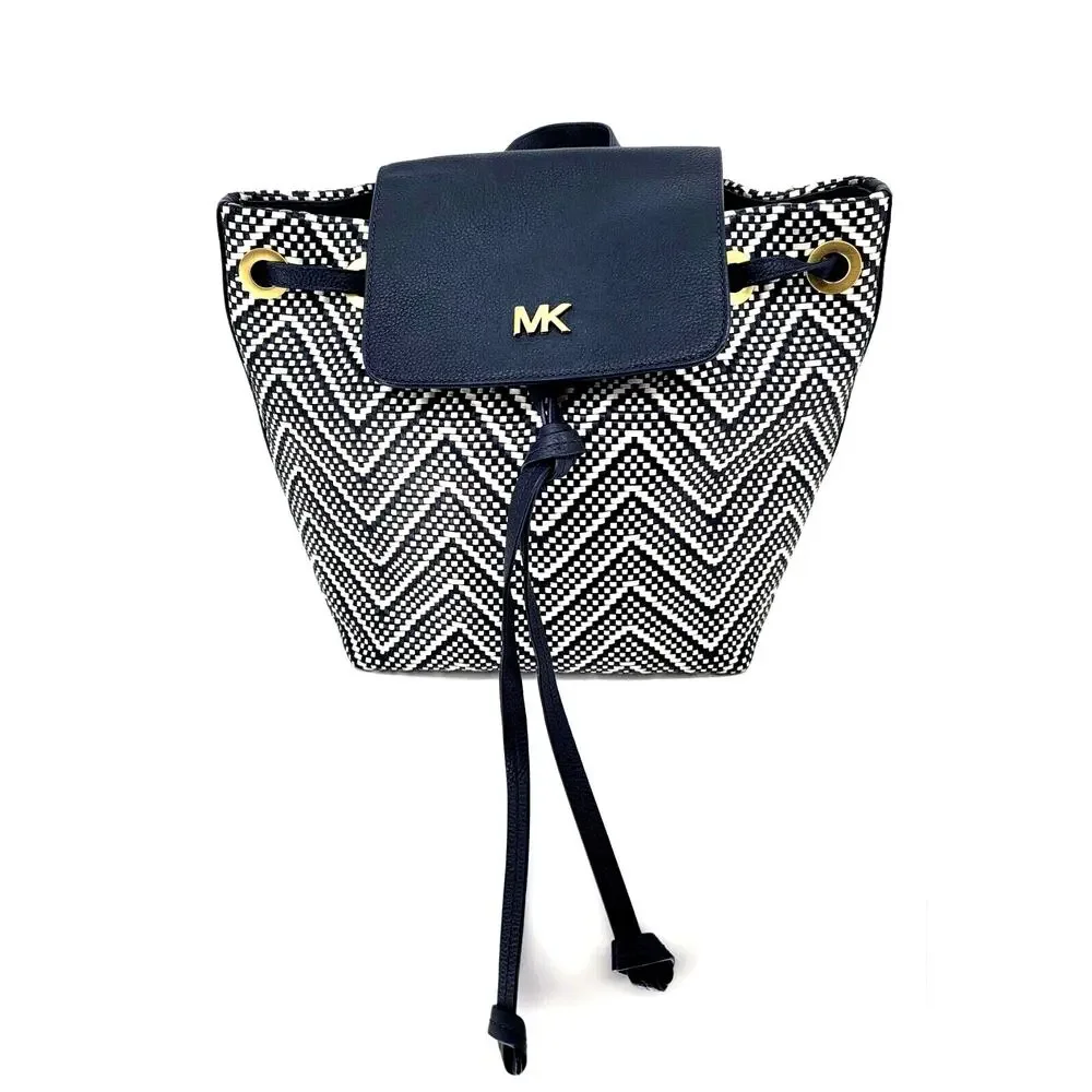 Michael‎ Kors Junie Medium Drawstring Backpack Navy White Chevron Woven Leather